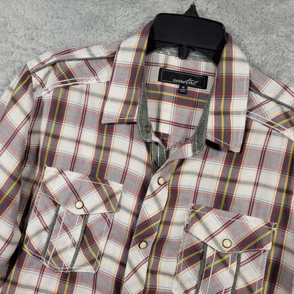 Coastal Snap Button Shirt Mens Medium White Plaid Western Pearl Snap Long Sleeve